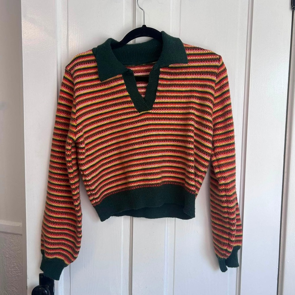 Cider Striped Polo Sweater Womens Large Orange Green Retro Knit